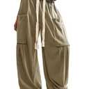 RoseSeek Women's Baggy Boho Harem Pants Drawstring Waist Wide Leg Sweatpants Casual Trousers Joggers with Pockets Army Green, Small