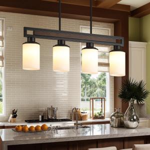 Farmhouse Dining Room Light Fixture, 4-Light Wood Kitchen Island Lighting for Dining Room Over Table, Black Adjustable Pendant Light with Milk Glass Shades, Linear Chandeliers Lighting for Kitchen
