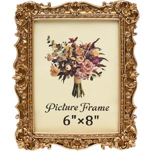 JANDERART Vintage Picture Frame 6x8 Inch, Antique Ornate Photo Frames with Glass Front, Baroque Design, Tabletop & Wall Hanging, Photo Gallery, Gold