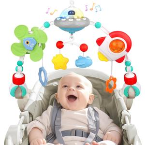 Musical Baby Stroller Arch Toys, Travel Car Seat Toys, Baby Play Arch Crib Accessory Toys, Mobile for Bassinet, Pram Activity Arch Bar Toys for Babies Infants (Space)