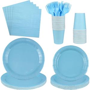 150Pcs Blue Paper Plates Set for 30 Guests - Disposable Plates with 9oz Cups, Dinner Napkins & Forks, Blue Party Supplies for Baby Shower, Birthday, Bridal Shower, Wedding, Gender Reveal