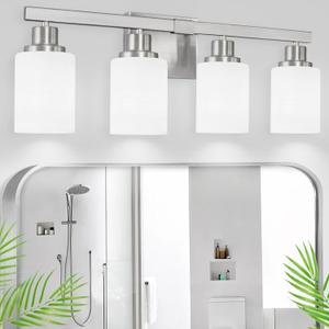 Bathroom Vanity Light, 4-Light Nickel Modern Bathroom Light Fixtures with Milky White Glass Shade, Wall Lights,Bath Vintage Wall Mounted Lamps for Mirror Bedroom Living Room Hallway Cabinet