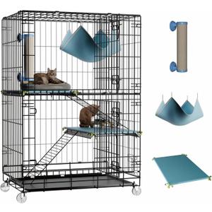 3-Tier Cat Cage Indoor: Medium Cat Enclosure Pet Playpen Detachable Metal Wire Kennel Collapsible Crate with Scratching Post & Plush Pads & Hammock for Cats Kittens