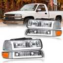 LED DRL Headlight Assembly, Compatible with 1999-2002 Chevy Silverado 1500 2500/2001-2002 Silverado 1500HD 2500HD 3500HD Chrome Housing Amber Reflector