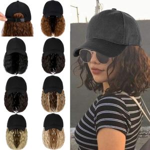 Qlenkay Baseball Cap with Hair Extensions 14inch Wavy Curly Bob Hairstyle Adjustable Wig Hat Attached Synthetic Hairpiece for Woman Dark Brown