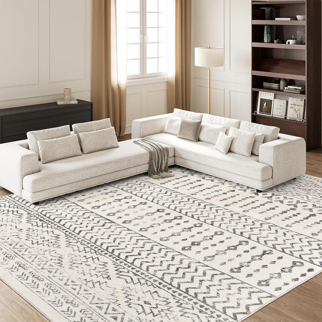 Art&Tuft 8x10 Area Rug, Super Soft Ultra-Thin Moroccan Washable Rugs 8x10, Anti-Slip Backing Rugs for Living Room, Foldable Geometric Machine Washable Area Rug(8'x10', Ivory)