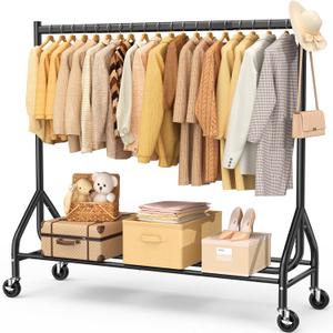 EAGMAK Heavy Duty Clothes Rack Load 420 LBS, Rolling Garment Rack with Lockable Wheels, Standing Metal Clothing Rack, Portable Wardrobe Sturdy Coat Rack for Hanging Clothes (Black, 5918.963)