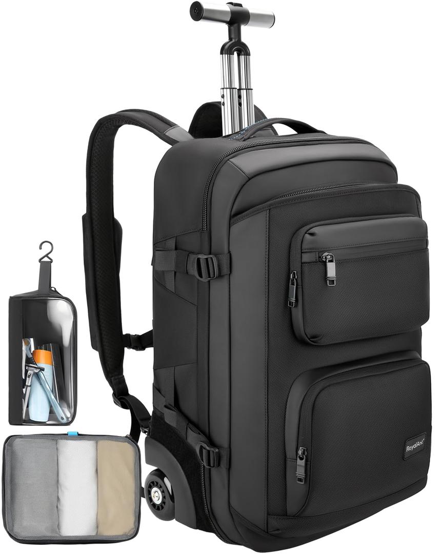 RoyalAnt Travel Rolling Backpack with Wheels, 50L Carry On Luggage with 2 Packing Cubes, TSA Lock Water-Resistant 17 inch Laptop Backpack for Men Women, Work, Airline Approved