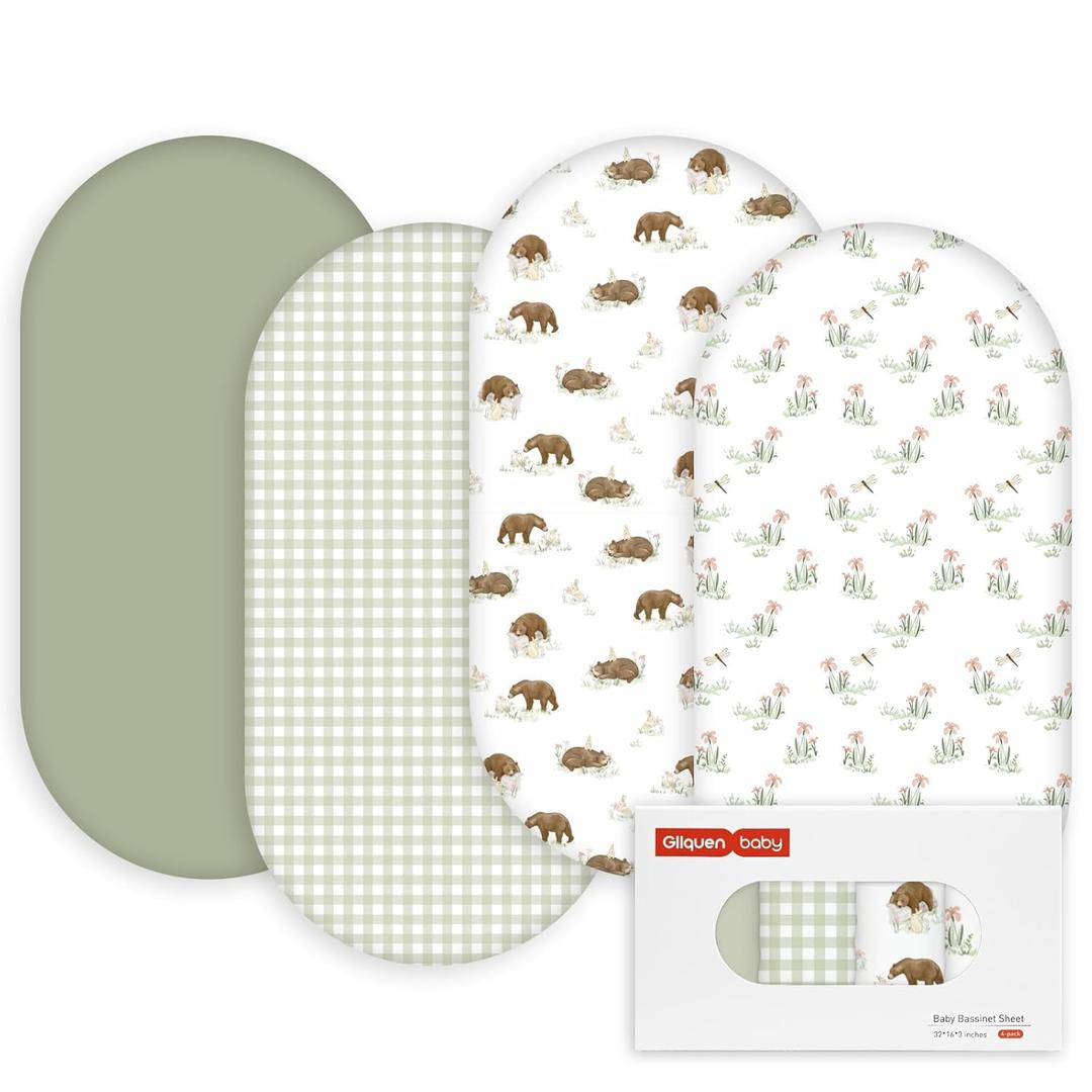 Gllquen Baby Bassinet Sheets 4 Pack, Breathable Cozy Fitted Mattress Sheet, Elastic Travel Crib Fashionable Pattern, Standard Cradle Safe Sheets for Baby Boys Girls 32"x16"(Forest Tale)
