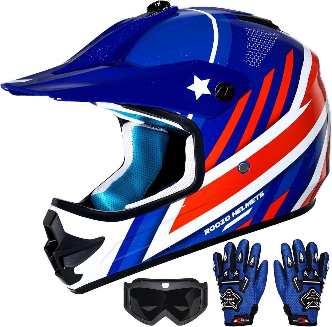 Youth Kids Dirt Bike Helmet DOT Approved, Full Face Motocross Set | 4-in-1 set includes goggles gloves storage bag, ultra-light design, adjustable visor and washable liner for ATV UTV, XL