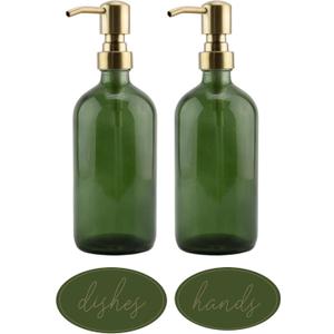 Darware Green Glass Soap Dispensers (2-Pack, Gold Metal Pumps, 16-Ounce); Decorative Pump Bottles for Kitchen and Bathroom