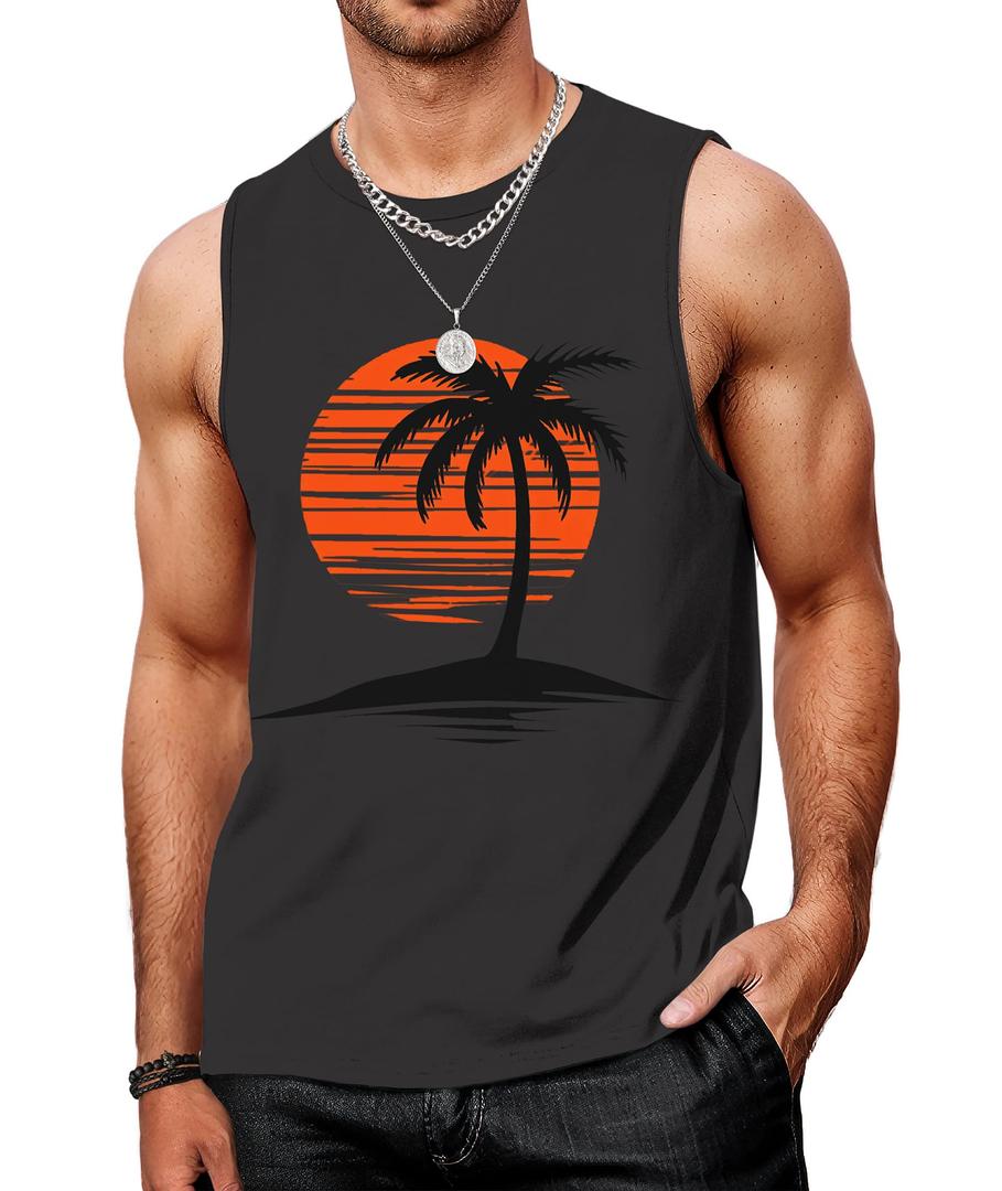 Indoner Mens Sleeveless Tank Tops UPF 50+ Quick Dry Workout Gym Shirts Palm Tree T-Shirt for Swim Beach Bodybuilding (XL)