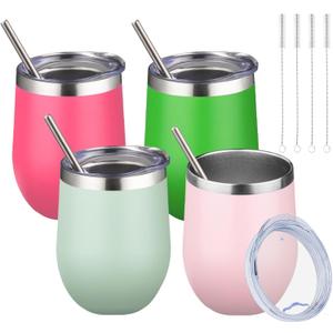 12oz/4 Pack Tumbler Glasses with Lid Stemless Double Wall Vacuum Stainless Steel Travel Tumbler Keeping Cold & Hot for Coffee, Cocktails, Christmas Drinks-Family and Gifts(Multi color-10) (4 pack/Peach Pink, Fruit Green, Matcha, Light Pink)