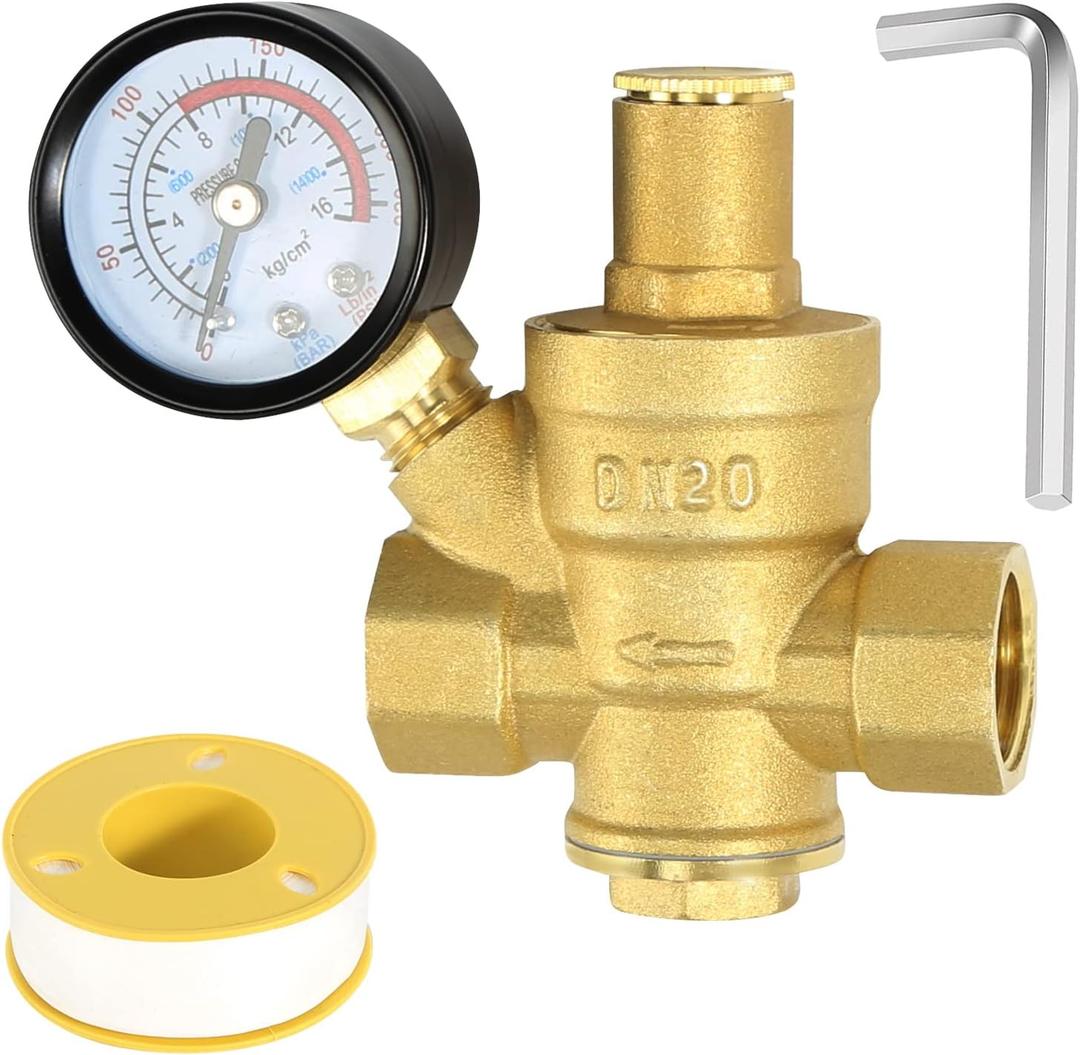 Water Pressure Regulator 3/4 inch with Gauge, Made of 100% High Hardness Brass, Adjustable Water Pressure Reducing Valve Water for Home DN20
