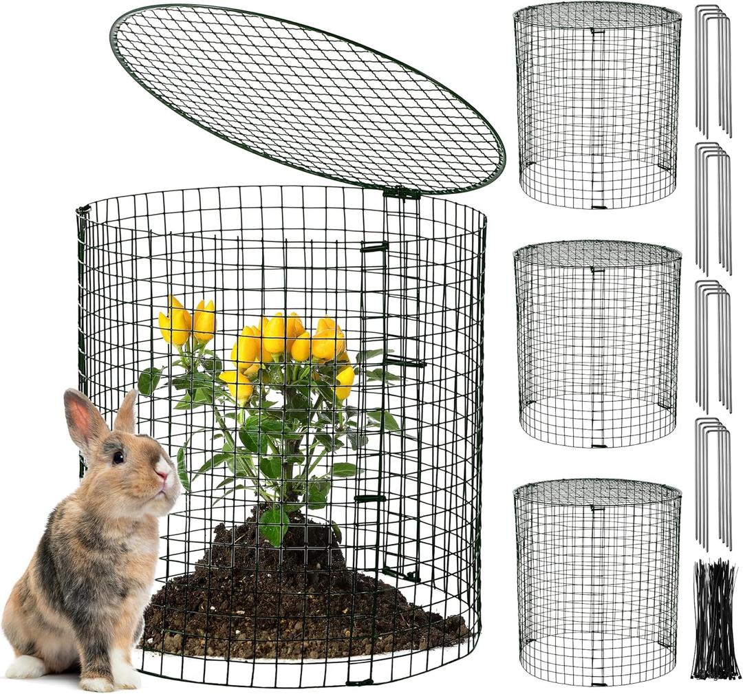 Hiboom 4 Set Garden Plant Protectors from Animals with Stakes, Metal Mesh and Detachable Covers Wire Plant Cage for Keeping Bunny Animals Out, Chicken Wire Cover Garden Protection (12x13)