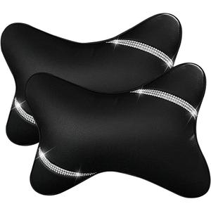 Car Neck Pillows Diamond Seat Auto Headrest Cushion Head Rest Neck 2 Pack Headrest Fit for Most Cars Universal Car Pillow Support Relax Crystal Rhinestone Pu Leather Bling Interior(Black)