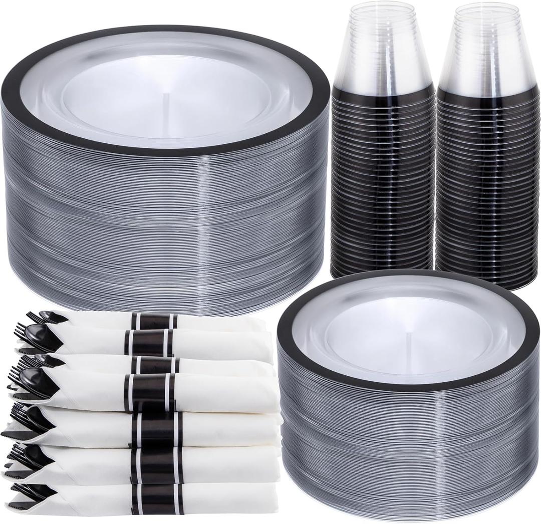I00000 350 Pcs Clear and Black Plastic Plates,Black Dinnerware Set, Include 50 Dinner and 50 Dessert Plates,50 Plastic Cups,50 Pre Rolled Napkins with Cutlery for Party