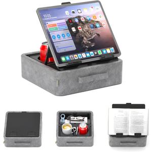 KDD 5 in 1 Tablet Pillow Holder, Foldable Book Stand for Reading with Storage Tray, Pen Slot and 2 Cup Holders, Adjustable iPad Stand for Lap, Bed, Desk and Couch Compatible with Tablet and Book