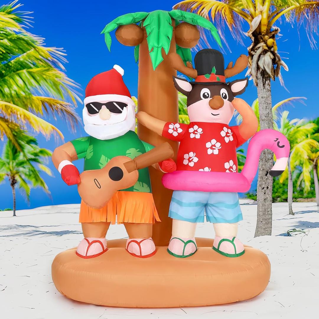 Bencailor 6.9ft Christmas Inflatable Outdoor Decorations Signs Summer Hawaiian Tropical Blow up Palm Tree Santa Claus Reindeer on Beach Built-in LED Lights for Yard Garden Lawn Decor Party Favor