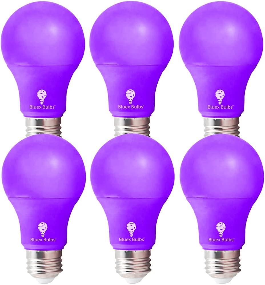 6 Pack BlueX LED A19 Purple Light Bulbs - 9W (60Watt Equivalent) - E26 Base, Party Decoration, Porch, Home Lighting, Holiday Lighting, Decorative Illumination