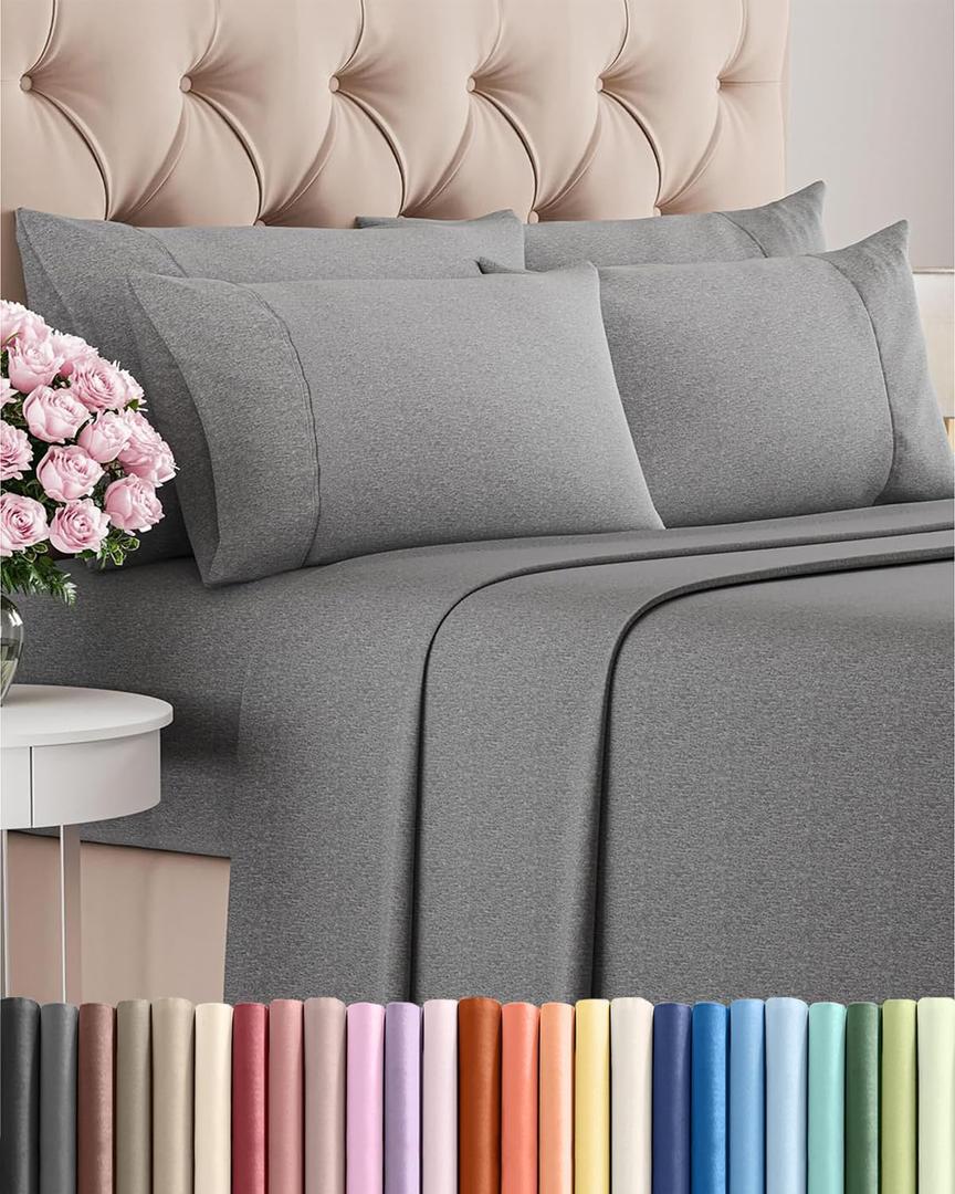 Full 6 Piece Sheet Set - Comfy Breathable & Cooling - Soft Hotel Luxury Bedding Set with 8-16 Inch Deep Pockets - 1 Flat & 1 Fitted Sheet & 4 Pillowcases - Wrinkle Free & Easy Care - Heathered Grey