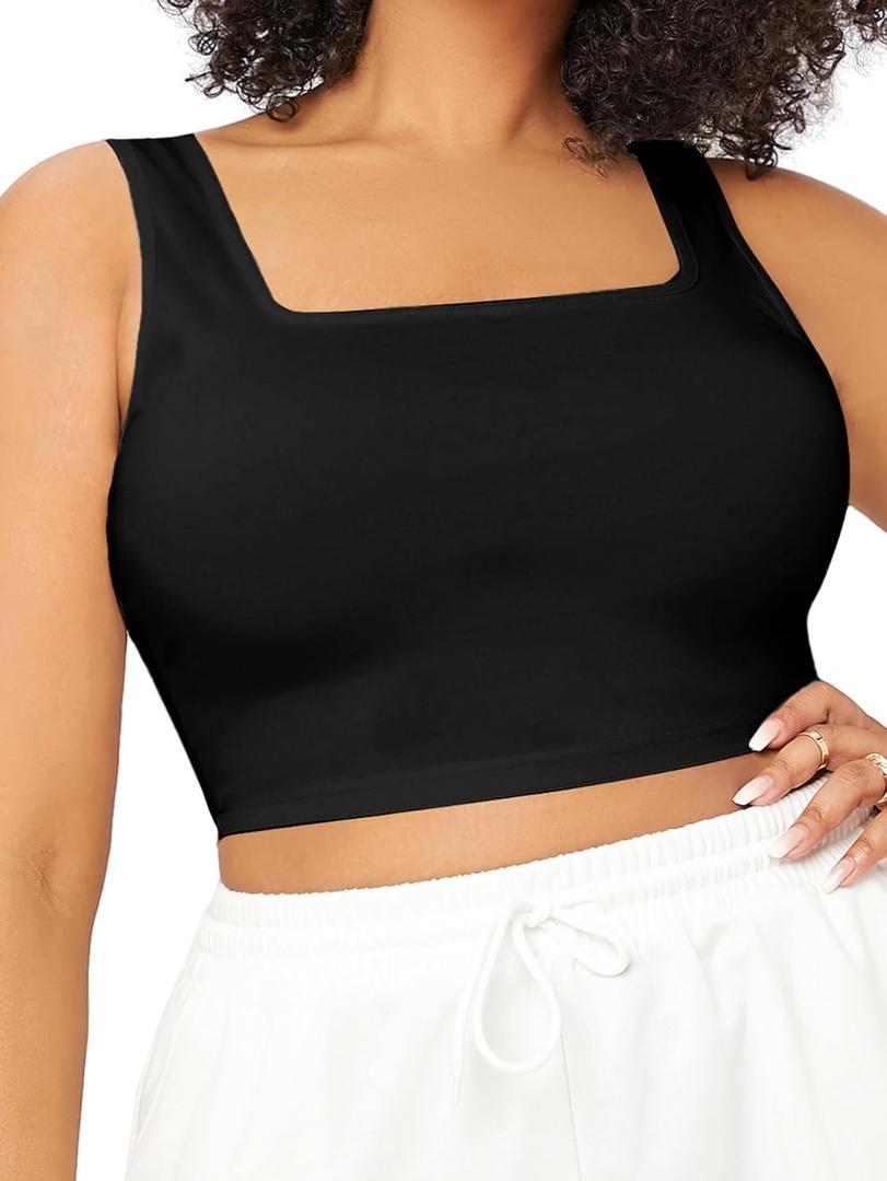 SOLY HUX Women's Plus Size Square Neck Sleeveless Crop Tank Top Casual Basic Tops (XX-Large Plus, Plain Black)