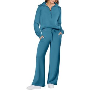ANRABESS Women 2 Piece Outfits 2025 Fall Fashion Airport Wide Leg Pants Lounge Set Leisure Travel Vacation Clothes Sweatsuits (Small, Lake Blue)