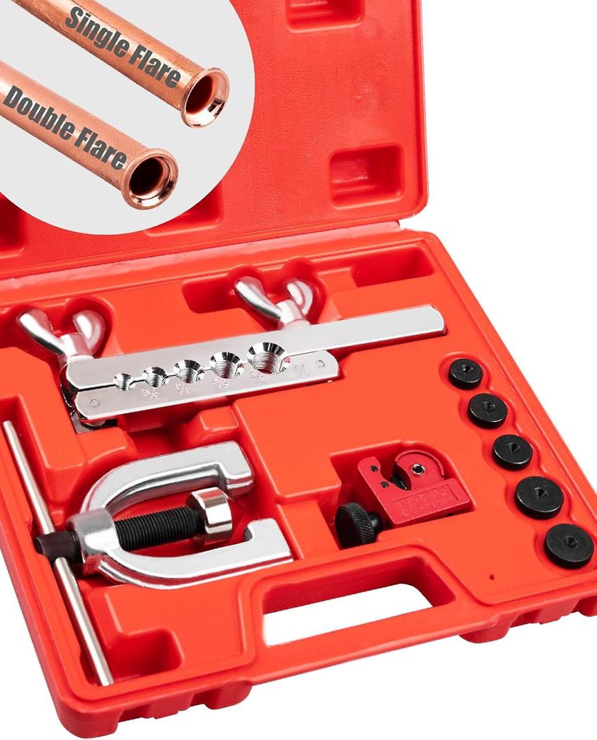 Brake Line Double & Single Flaring Tool Kit with Tubing Cutter, Brake Line Repair Kit for Copper, Aluminum, Brake Line and Brass Tubing, Flare Tool kit Includes 5 Adapters, 45 Degrees