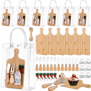 6 Set Charcuterie Boards mini Christmas Gifts Cheese Boards Set Wooden Square Mini Cutting Board bulk Cheese Knives fork PVC Bag Hemp Rope Label for Christmas Decor Party Birthday (Bamboo)