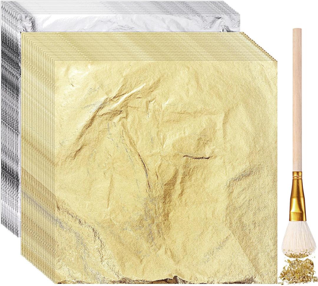 Cunhill 150 Sheets Gold Foil Sheets for Art Silver Rose Gold Leaf Sheets with Gilding Brush Gold Foil Paper Craft for Arts, Painting, Gilding Crafting, 5.5 x 5.5 Inch (Gold Silver)