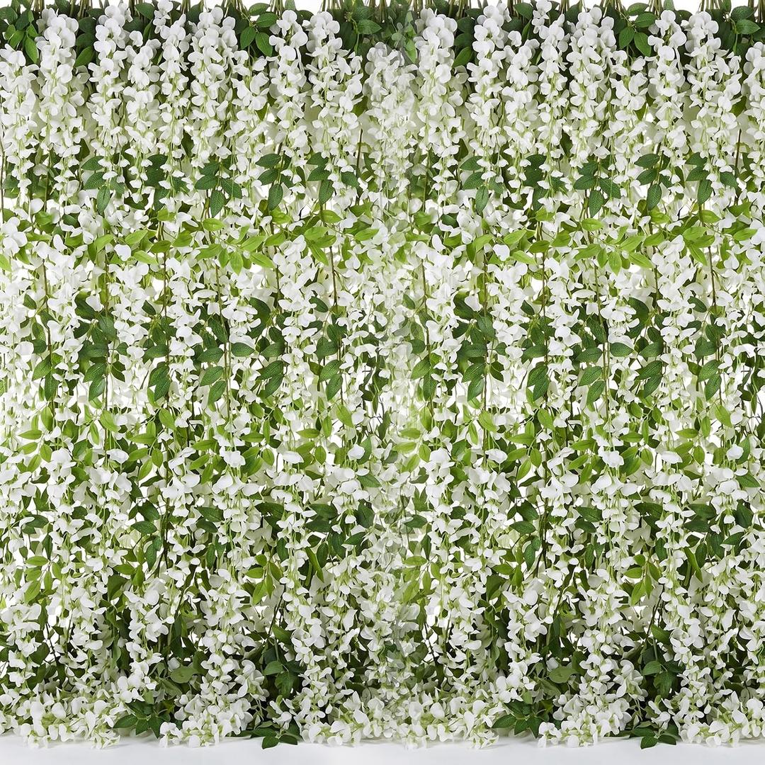 Crowye 20 Pcs 7.2ft/pcs Artificial Flowers Wisteria Garland Artificial Wisteria Vine Hanging Flower Decorations Flower Vines for Outdoor Wedding Wall Arch Party Backdrop Floral Decor (White)