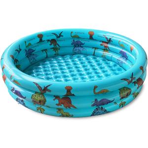 Dinosaur Inflatable Kiddie Pool, Blow Up 3-Ring Round Baby Play Center for Inside or Outdoor, Toddler Ball Pit/Fishing/Toys - 57'x15'