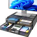 HUANUO 2 Tier Monitor Stand, Metal Monitor Riser with Drawer, Desk Organizer, Monitor Stand with Storage, Desktop Computer Stand for PC, Laptop, Printer (Black)