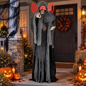 72Inch Halloween Animatronic Grim Reaper Outdoor Decorations, Sound/Light Activated Head Pop Up Skeleton with Red LED Eyes, Spooky Sound for Entryway Porch Haunted House Party Decor