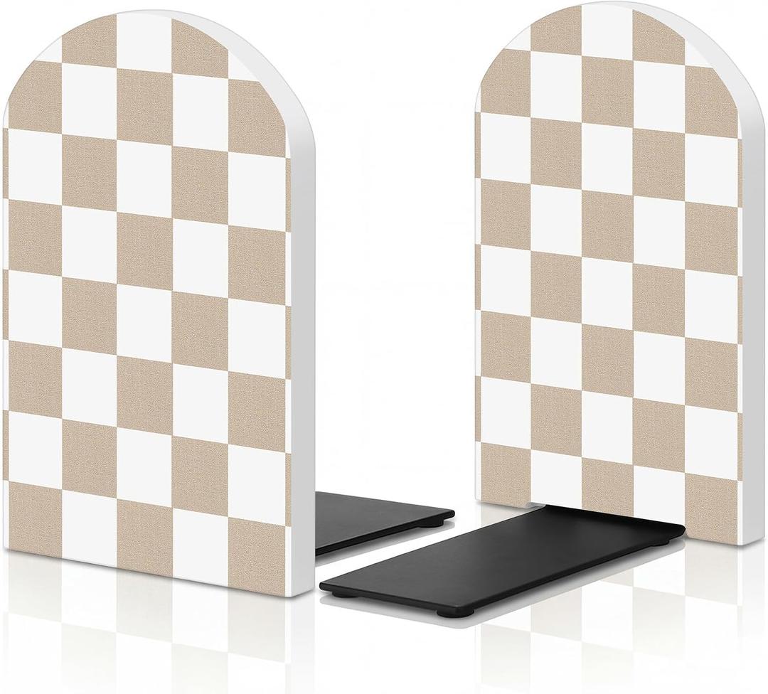 Boho Bookends Walnut Wood Beige Checkered Bookends for Shelves, Heavy Duty L-Shape Decorative Book Ends with Non-Slip Base, Boho Aesthetic Desk Decor for Organizing Book Home Decor