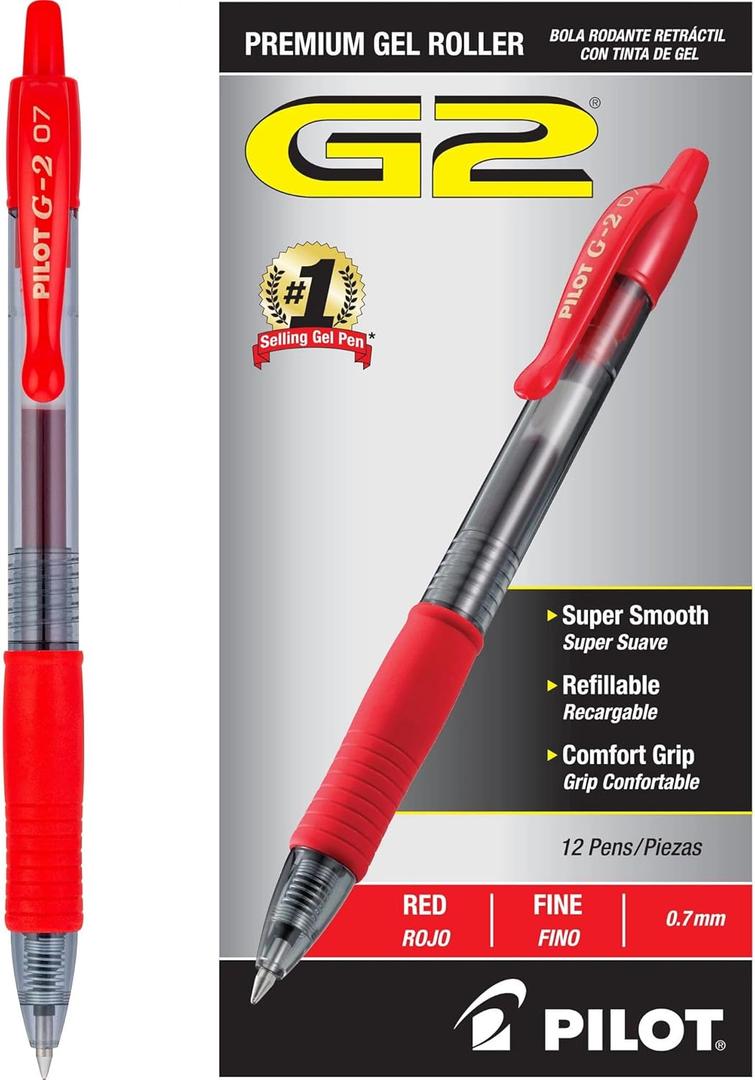 Pilot G2 Premium Gel Roller Pens, Fine Point 0.7 mm, Red Pens, Pack of 12 - Ideal for School, Journaling & Office Writing
