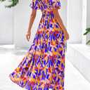 BTFBM Womens Spring 2026 Casual Maxi Dresses Short Sleeve Smocked Tiered Floral Boho Long Beach Dress with Pockets (Blue, M)