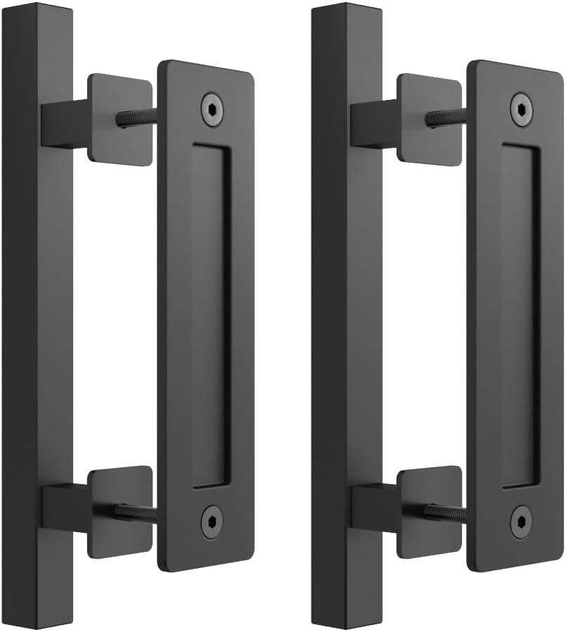 SKYSEN 2 Pack 12" Barn Door Handles, Sliding Barn Door Pull Handle, No Gap Flat Plate Design- Heavy Duty- Square- Easy to Install- Matt Black (685-2)