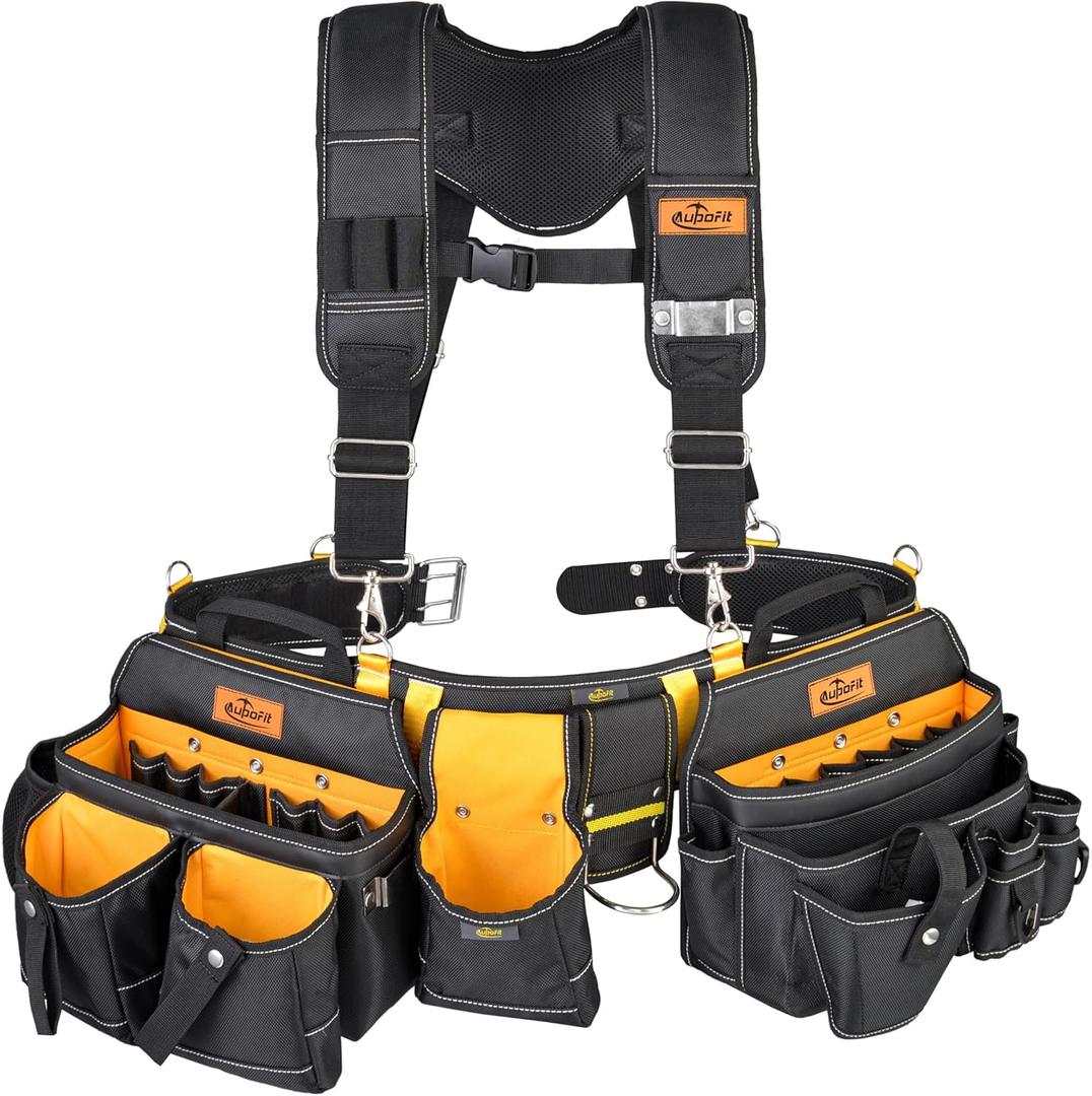 Comfortable Tough Thick 7-Piece Tool Belt with Suspenders 32 Pockets and Loops,1680D Denier Fabric Heavy Duty Tool Belts with Carry Handles, Fits Waists 36-49In, Black and Yellow