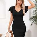 Missufe Women's V Neck Ruffle Short Sleeve Bodycon Summer Casual T Shirt Dress (Black, XS)