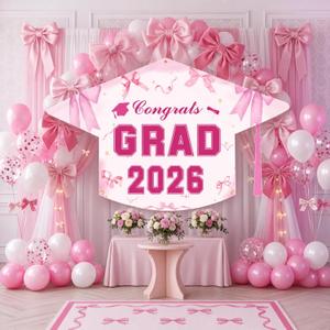 Pink Graduation Decorations Class of 2026 Coquette Bow Congrats Grad Backdrop Banner 71x43.3'' Large Graduation Cap Party Decor for Women Class of 2026 Party Supplies Photo Booth Props