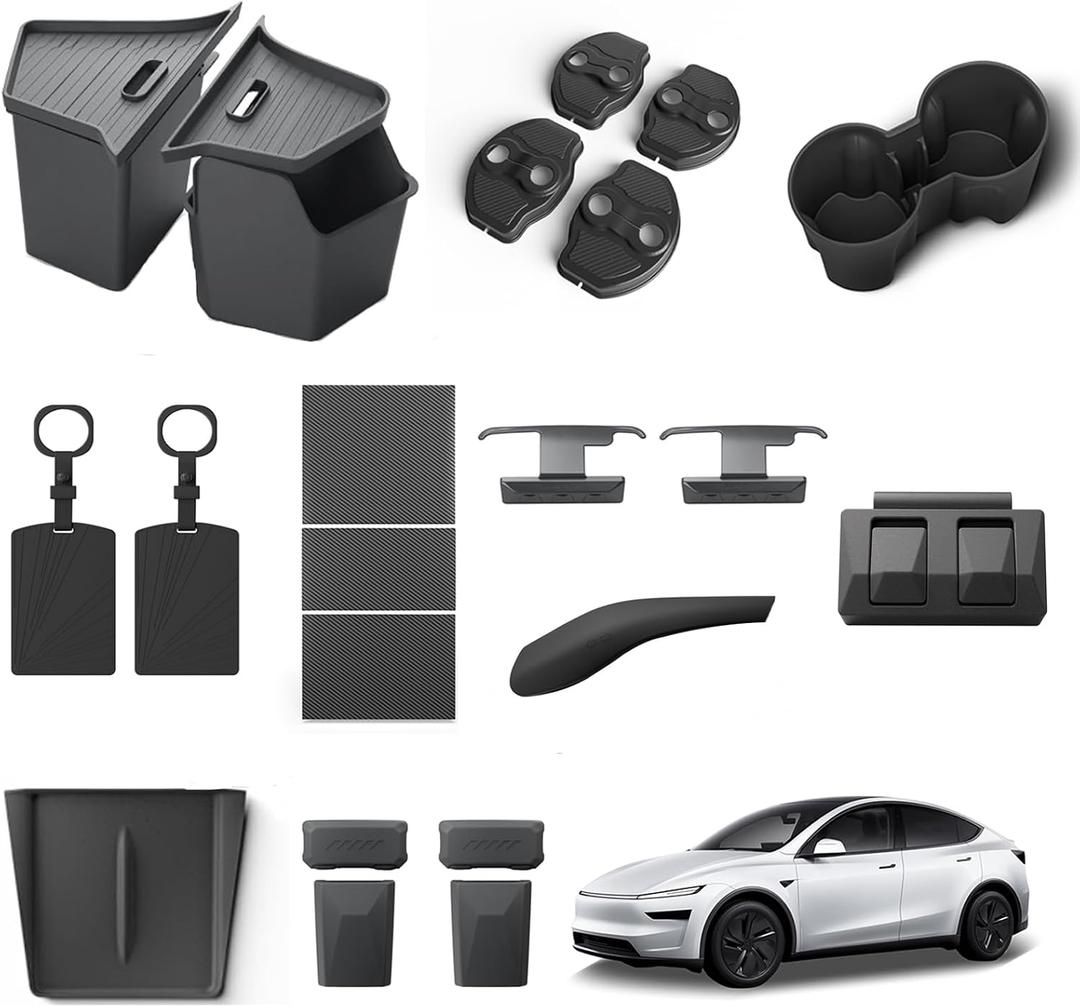 LUCKEASY Organizer for Tesla Model Y Juniper 2025+ Rear Trunk Storage Bins|Wireless Charging Pad|Seat Belt Buckle|Key Card|Center Mat|Glove Box Hook|Seat Hooks|Gear Shift|Door Lock Buckles|Cup Holder