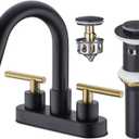 BSTIIU Bathroom Faucet, 3-Hole Black and Gold Vanity Faucet with Metal Sink Drain, 2-Handle 4-Inch Centerset