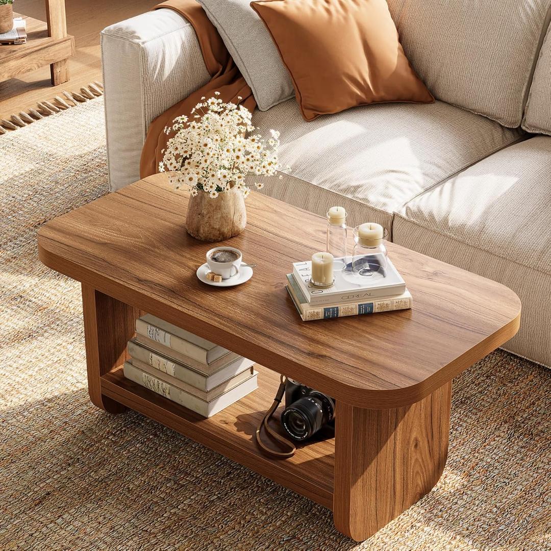 LITTLE TREE 47.2" Coffee Table, 2-Tier Coffee Table with Storage, Safe Rounded Corners, Square Modern Farmhouse Table for Living Room, Bedroom, Kids Room, 47.24" W x 23.62" D, Brown