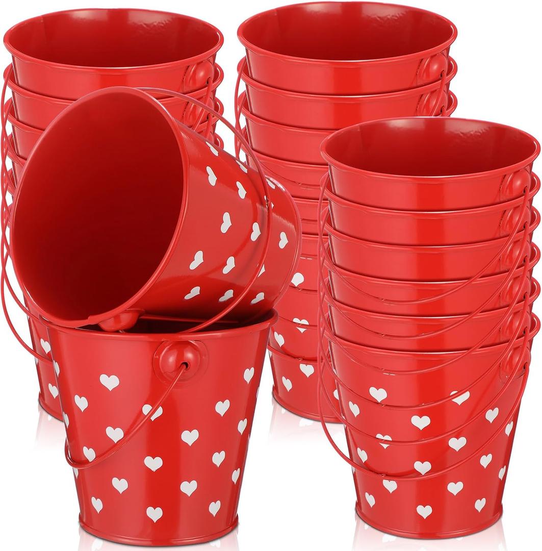 meekoo Valentines Day Small Gift Buckets with Handle 4 Red Metal Sand Bucket Valentines Party Favor Candies Chocolate Gift Holder for Valentines Day Party(20 Pcs)