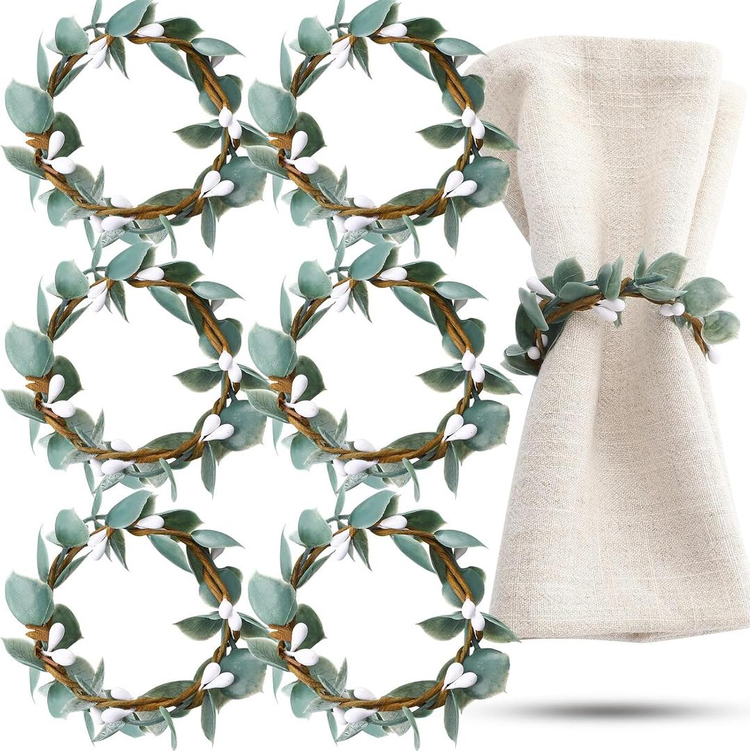 Domensi Napkin Rings Set of 6 Eucalyptus Leaf Napkin Rings Rustic Farmhouse Greenery Spring Wreath Napkin Ring Holders for Wedding Banquet Christmas Family Dining Table Decoration (White Berries)