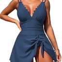 ZAFUL Womens One Piece Swim Dress Scalloped Swimsuits Tummy Control Swimdress Skirt Modest Bathing Suit (Deep Blue, 2XL)