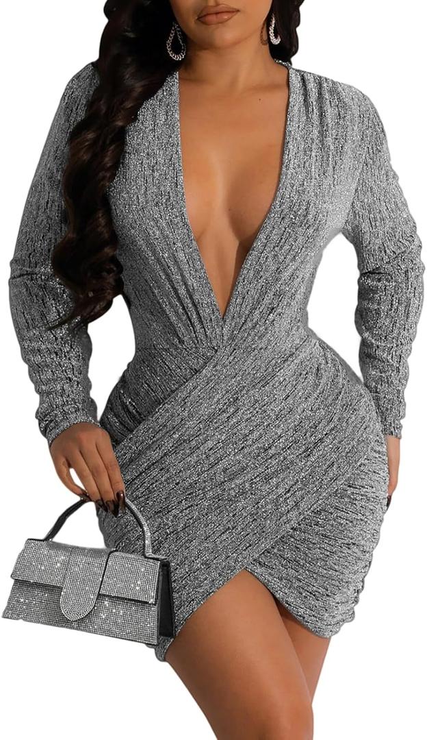 FairBeauty Women's Sexy Sparkly V Neck Long Sleeve Ruched Metallic Bodycon Club Mini Dresses (Medium)