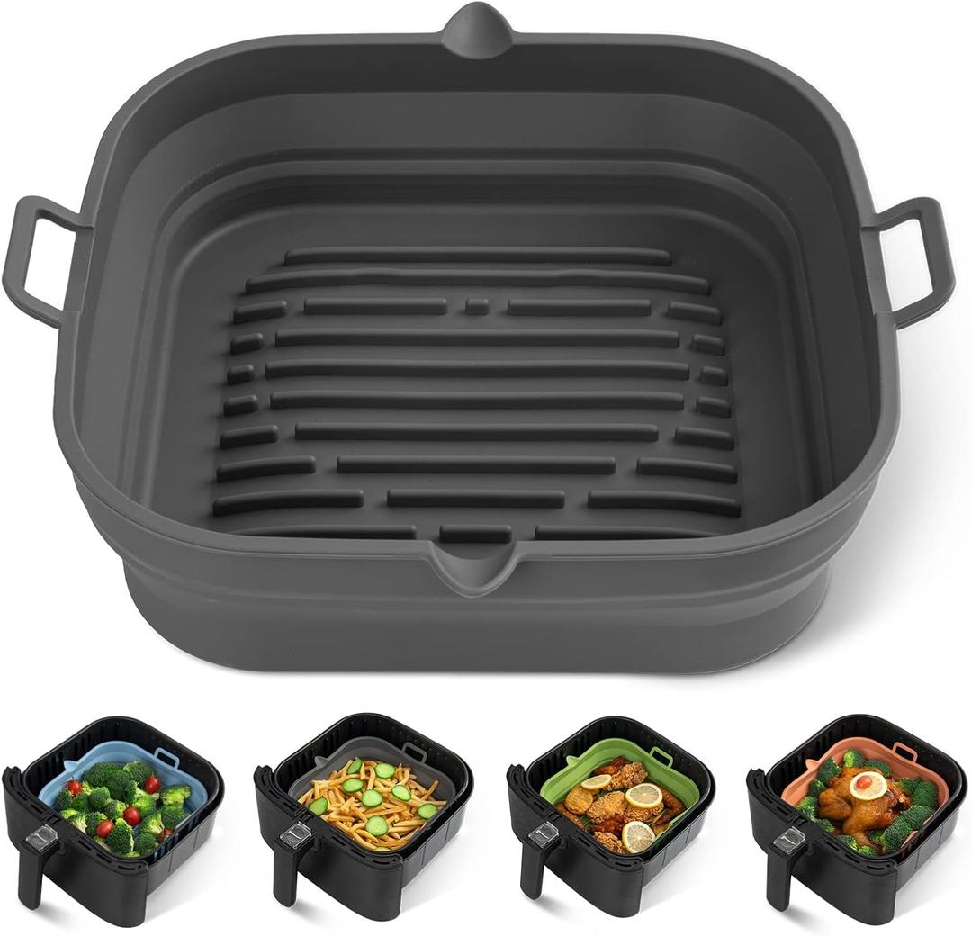 Loveuing Silicone Air Fryer Liners Square - Reusable Airfryer Collapsible Basket - Easy to Clean Air Fryers Pot for 5.8 to 8 Qt Baking Tray Oven Accessories, 8.5 Inch Large