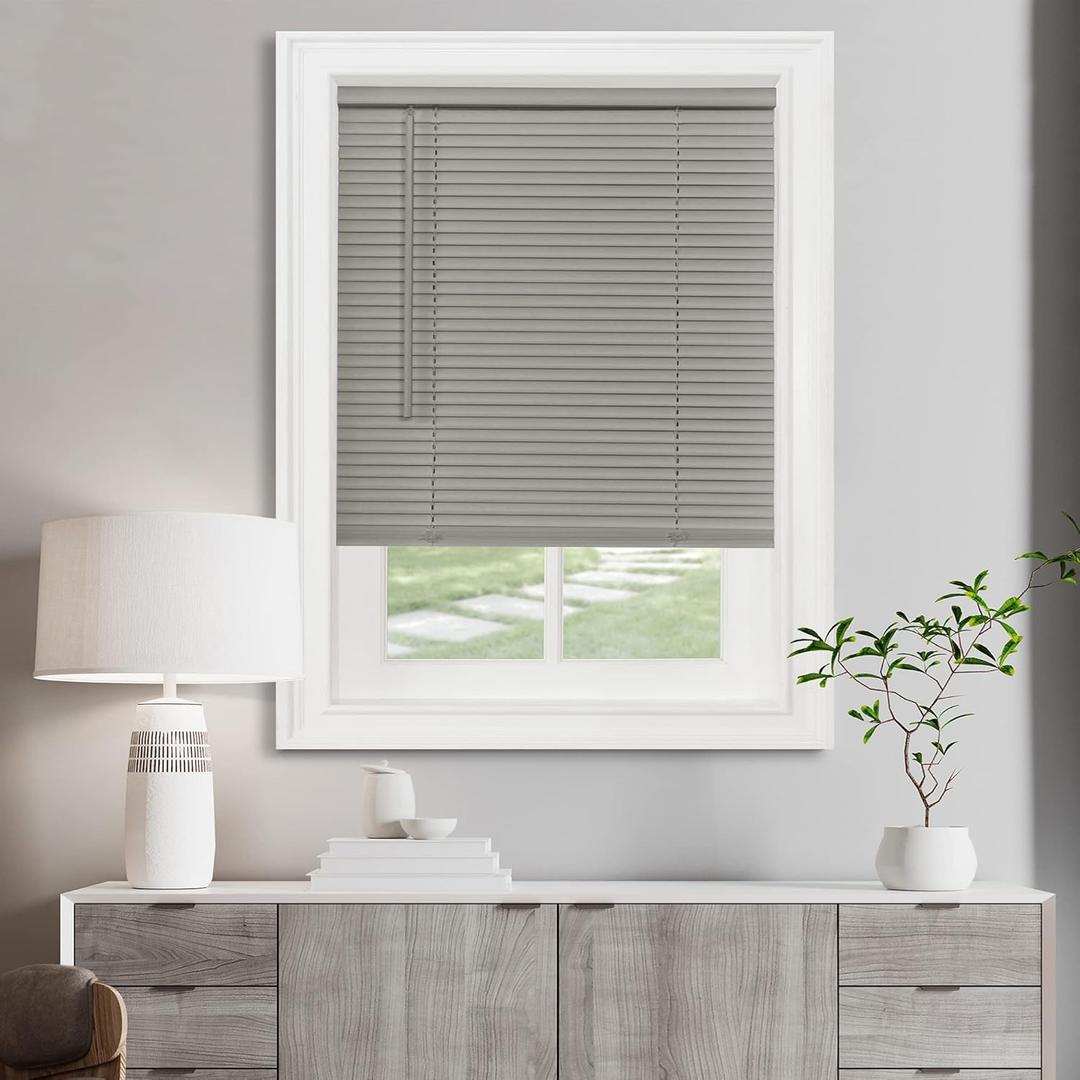 Cordless Light Filtering Mini Blind - 30 Inch Width, 64 Inch Length, 1" Slat Size - Grey - Cordless GII Morningstar Horizontal Windows Blinds for Interior by Achim Home Decor